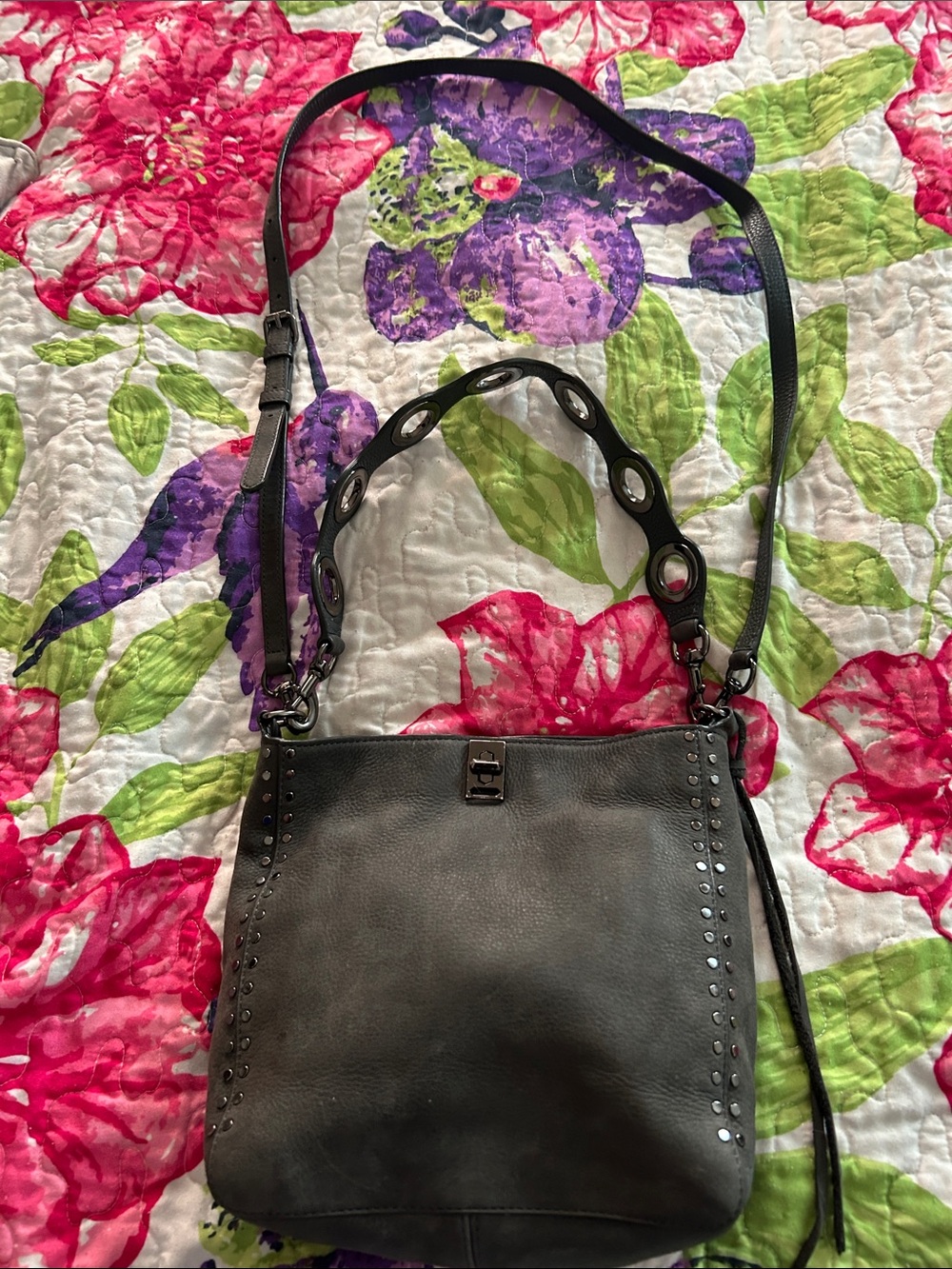 Vince Camuto Gray Leather Studded Shoulder Bag very versatile